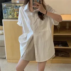 Lucyever Summer White Shirt Women Harajuku Loose Students Short Sleeve Shirts Woman Casual All-Match Buttons Up Lapel Blouse