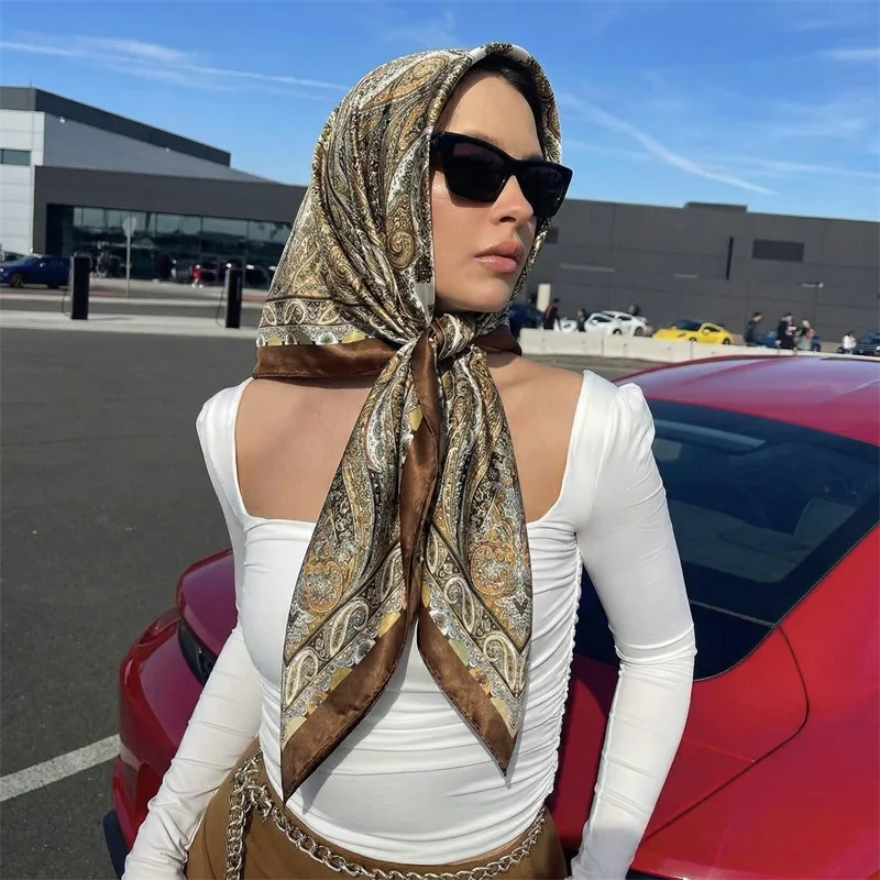 

90cm Square Silk Scarf Women Luxury Brand Satin Print Hijab Scarves Muslim Pareo Bandana Female Shawl Wrap Headband Foulard
