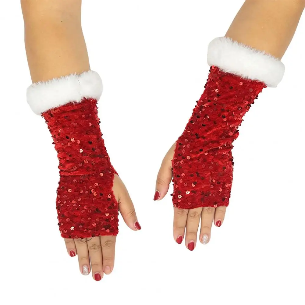 Comfortable Stretchy Gloves Fingerless Gloves for Christmas Cosplay Plush Holiday Winter Accessories with Sequins Warm Unisex