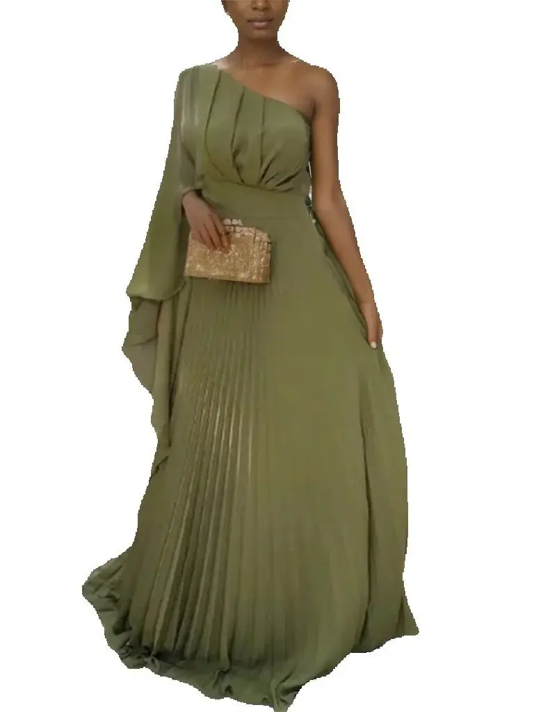 

Elegant One Shoulder Pleated Chiffon Long Formal Mother of Bride Dress Green