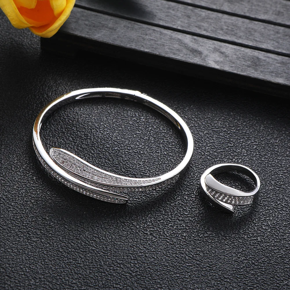

Bangle + Ring set for women's Water drop classic Shiny Zircon High-quality real gold plating wedding evening dress accessories