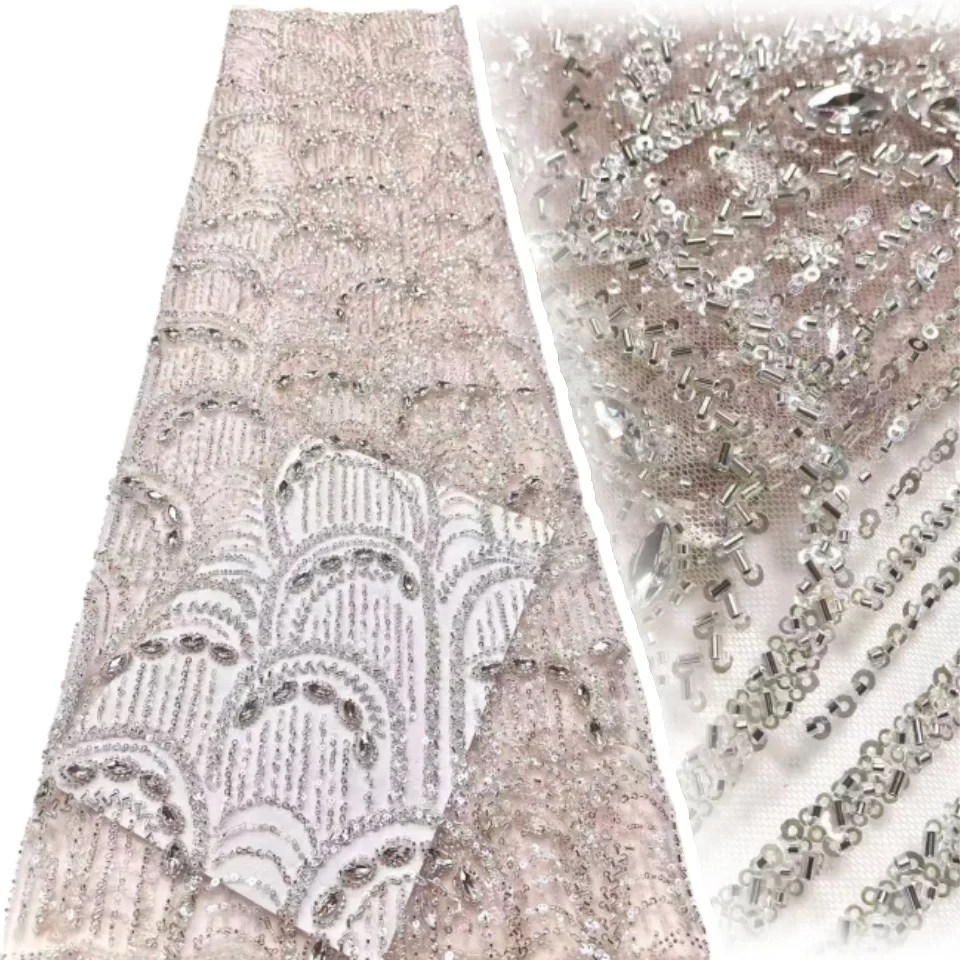 

African Beaded Lace Fabric 2026 High-Quality Nigerian Tulle Mesh Sequined Lace Fabric Suitable for Sewing Women's Garments 1908