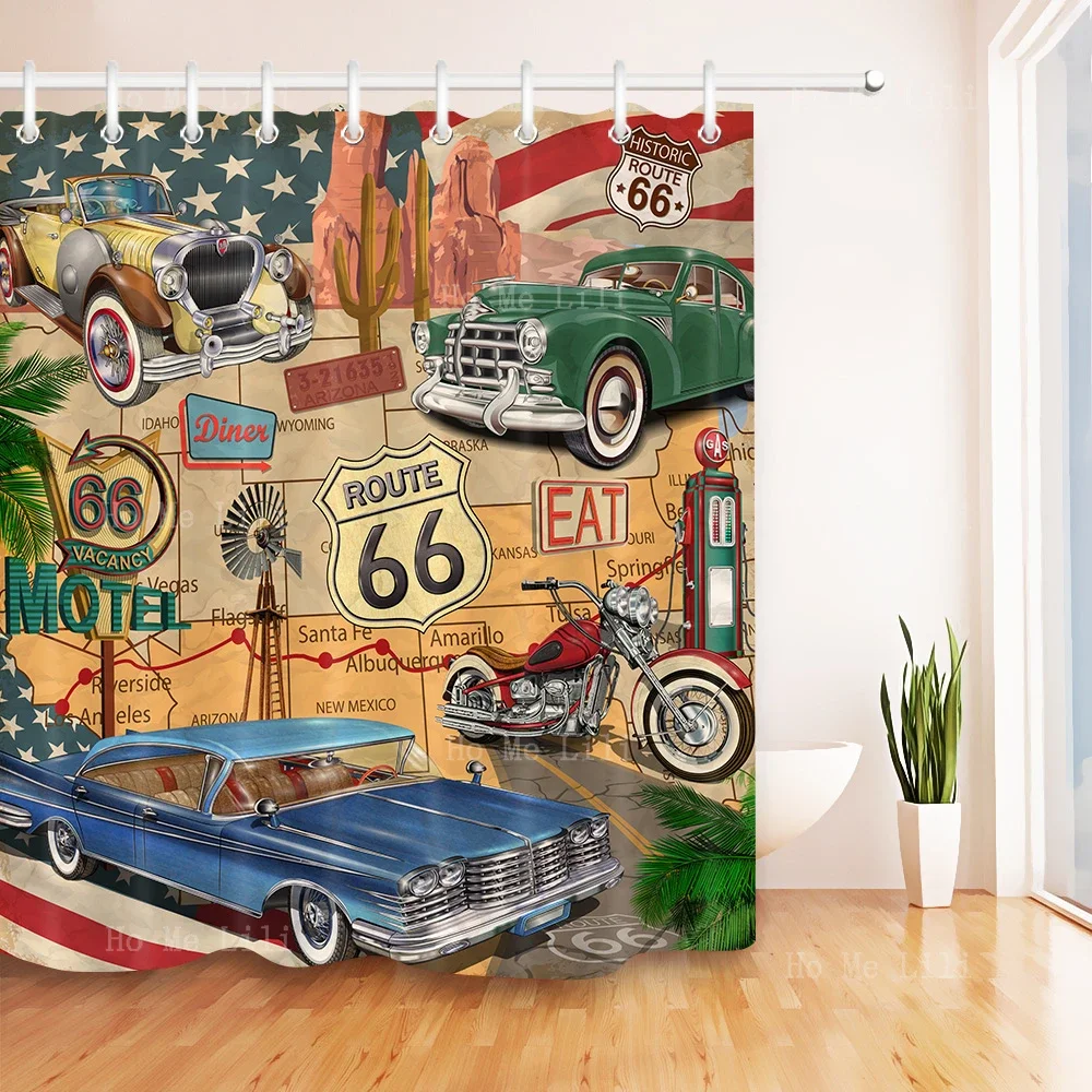 Vintage Car Tour Tour Across America Sexy Girls Route 66 Bathroom Decorated With Shower Curtains