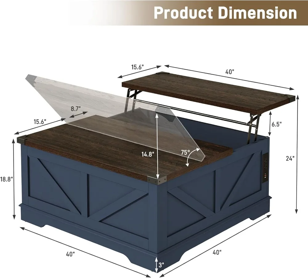 40'' Large Farmhouse Lift Top Coffee Table with Power Outlets & Hidden Storage, Square Wood Living Room Table, Blue