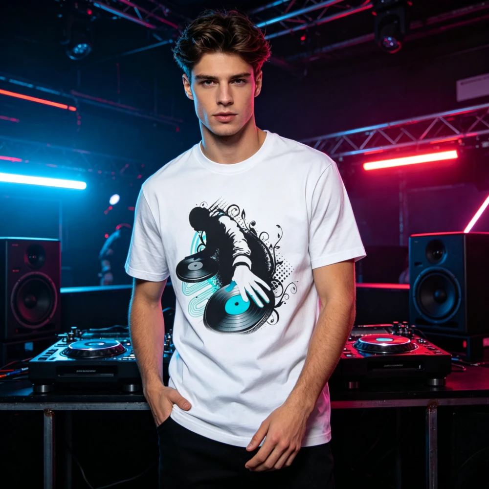 Vintage Hip Hop DJ Vinyl Turntable Men Graphic T Shirts DJ Silhouette Floral Graffiti Print Oversized Cotton Streetwear Shirt