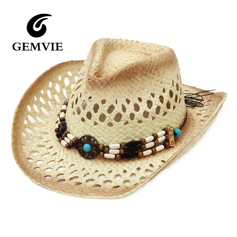 

GEMVIE Western Cowboy Straw hat for Men Women Hollow Outdoor Wide Brim Summer Cowgirl Hat with Belt