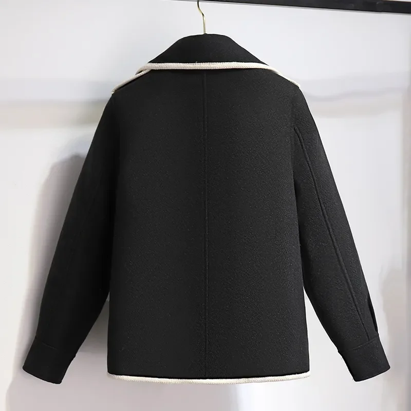 Autumn Winter Short Woolen Coat Women 2023 New Fashion Suit Jacket Turndown Collar Tops Pure Colour Black 3XL Outerwear Female