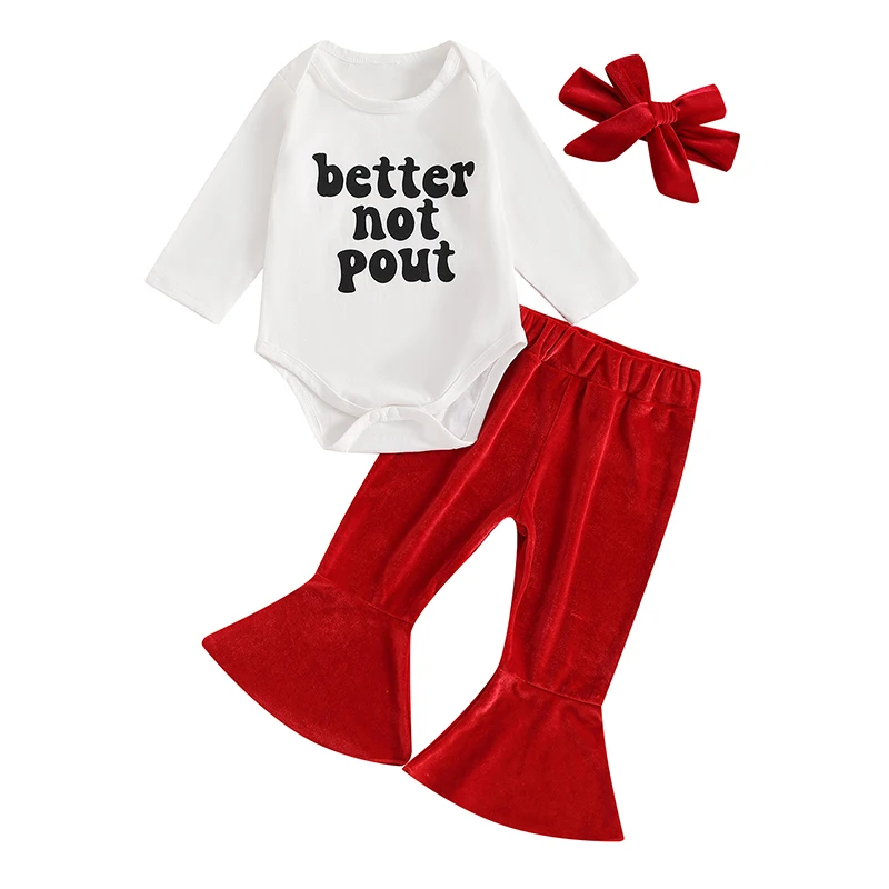 

Baby Girls Christmas Pants Sets Long Sleeve Letter Print Romper Velvet Flared Pants Headband Sets