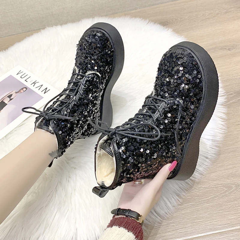 

Winter Platform Boots Women Shoes Bling Dazzling Colorful Chunky Heel Plush Warm Lace-up Ankle Boots Shoes Woman Boats Fashion