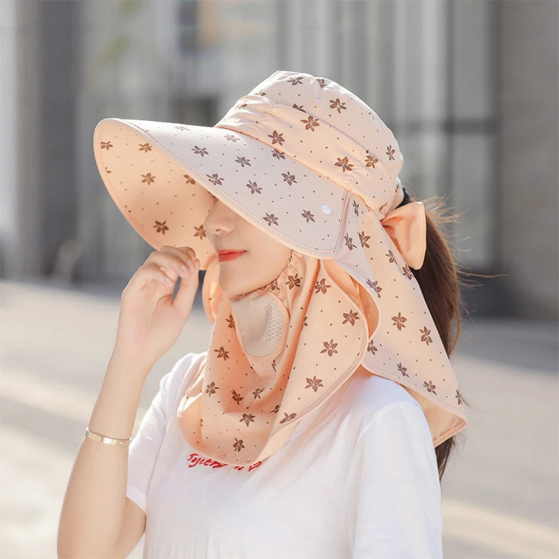 Female Summer Sun Hat UV Protection Cycling Large Brim Hat with Neck Flap Shawl Hats Removable Face Mesh Breathable Cap