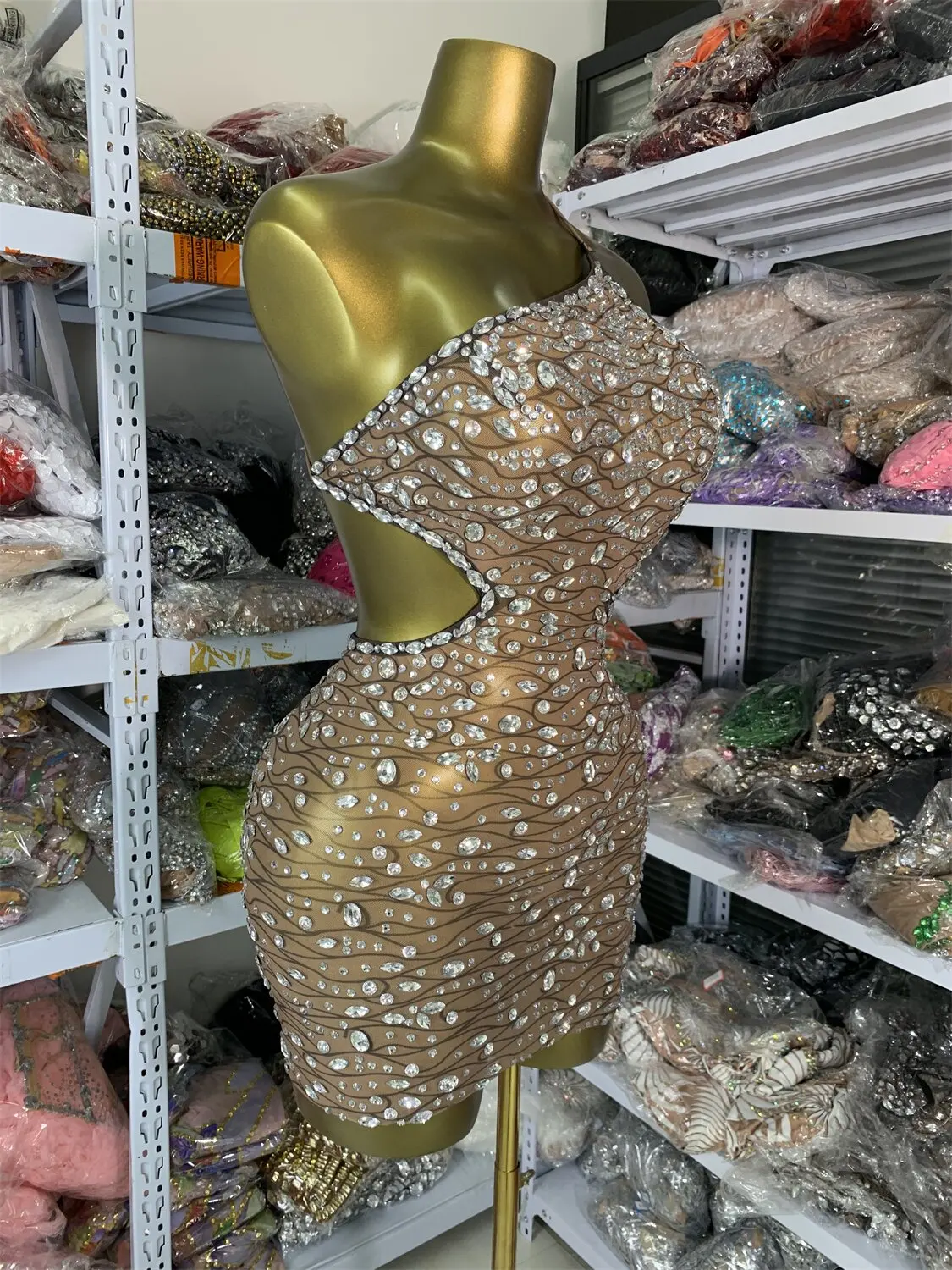 Factory Sale Women Sexy Short Dresses Daring Bright Rhinestons Mesh Cut Out Bodycon Mini Evening Club Party One Piece Dresses