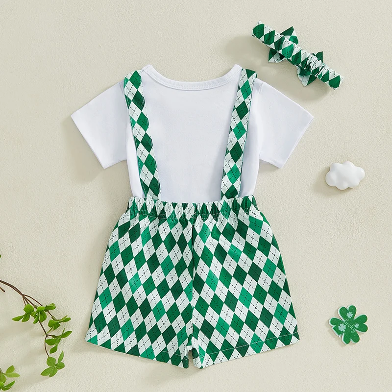 Shamrock print groen met bijpassende jarretelshorts en strikhoofdband - St Patrick's Day babymeisjesoutfitset