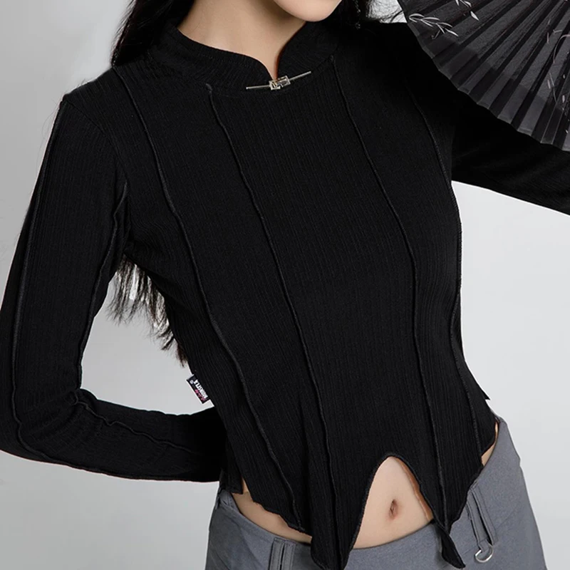 IAMHOTTY Chinese Style Split Cropped Top Women Chic Elegant Mandarin Collar Slim-fit Knitted T-shirts Autumn Spring Casual Tees