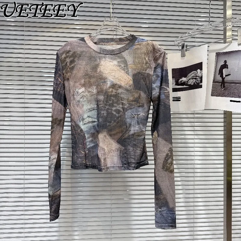 

Spring and Autumn New Retro Hot Girl Abstract Gradient Pattern Short Top Fashion Mesh Long Sleeve T-Shirt Women's Blouse