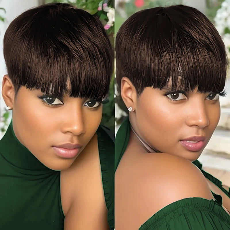 짧은 픽시 컷 가발 인모 여성용 검정색 풀머신 숏 스트레이트 가발