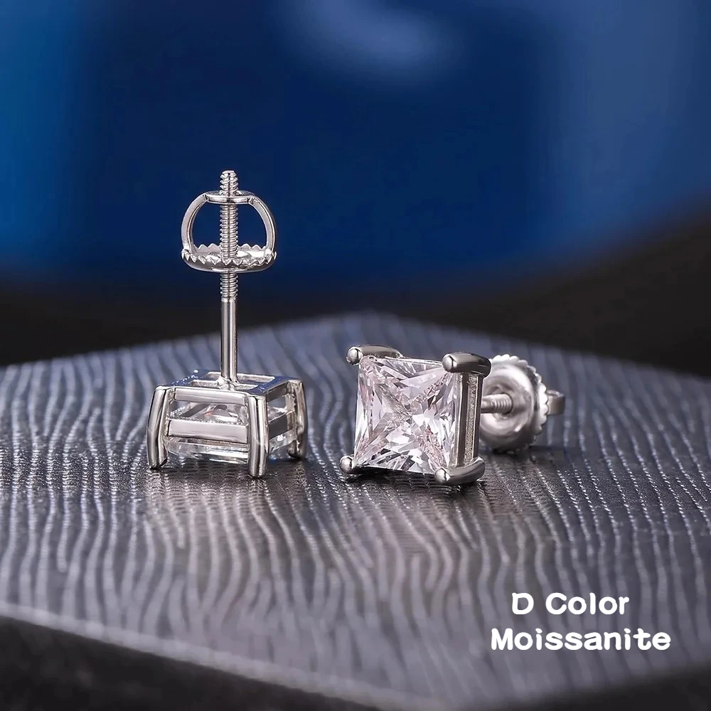 Серьги из стерлингового серебра 925 пробы с муассанитом 0.3~3.0 карата, огранка «Принцесса», сертификат GRA, винтовые застежки, свадебные украшения, подарок на годовщину