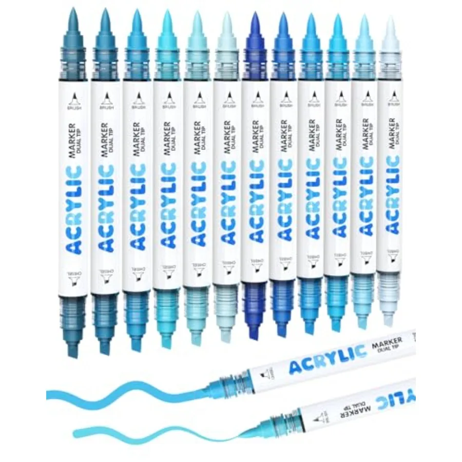 

12 Dual Tip Acrylic Paint Markers, Brush Tip and Chisel Tip Acrylic Paint Pens for Pumpkin Paint, Rock, Wood, Glass, Paper, Col