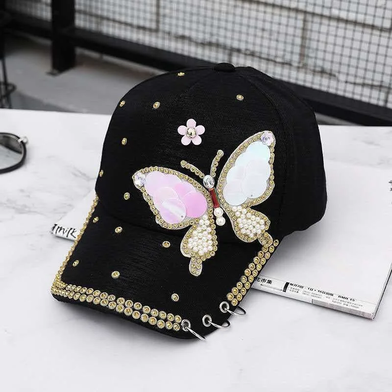 Sequin Baseball Cap for Women Butterfly Kpop Shiny Peaked Caps Summer Mesh Adjustable Outdoor Travel Sunscreen Sun Hat Female