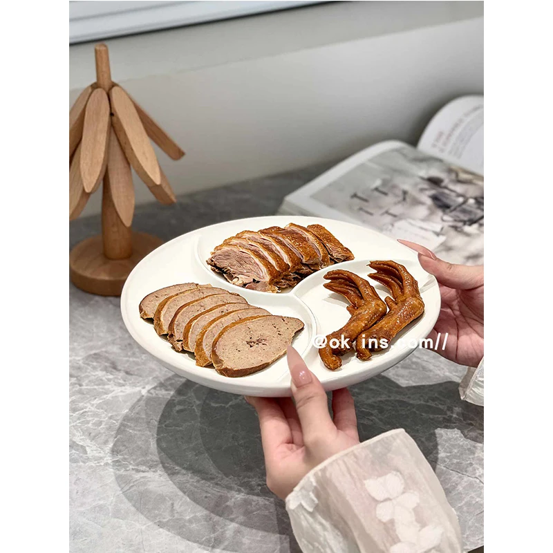 White Ceramic Three Dividing Plate 2026 New Household Marinated Meat Combination for Business Chafing Dish Fruit Snack Plate