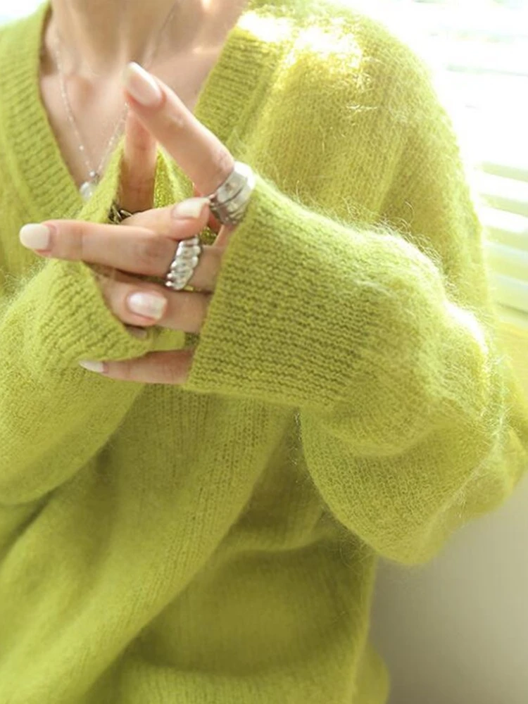 Sweater Rajut Kasual Wanita Model V-Ne Fluorescent untuk Musim Semi dan Gugur, Atasan Wol Santai
