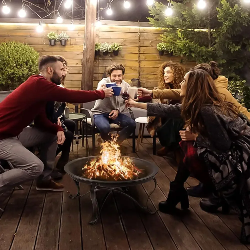 29 Inch Outdoor Steel Wood Burning Fire Pit with Ash Pan, Spark Screen, Log Grate, and Poker in Bronze