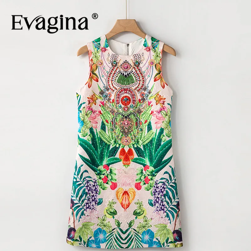 

Evagina Women's Elegant Floral Print Dress Spring Summer New Sleeveless Jacquard Beading A Line Dresses