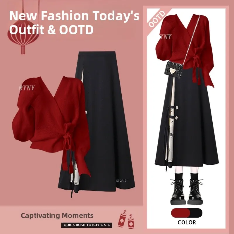 

Red Knitted Sweater And Skirt Two-Piece Set for New Year Celebration High Waist Midi Skirt Versatile Winter Outfit