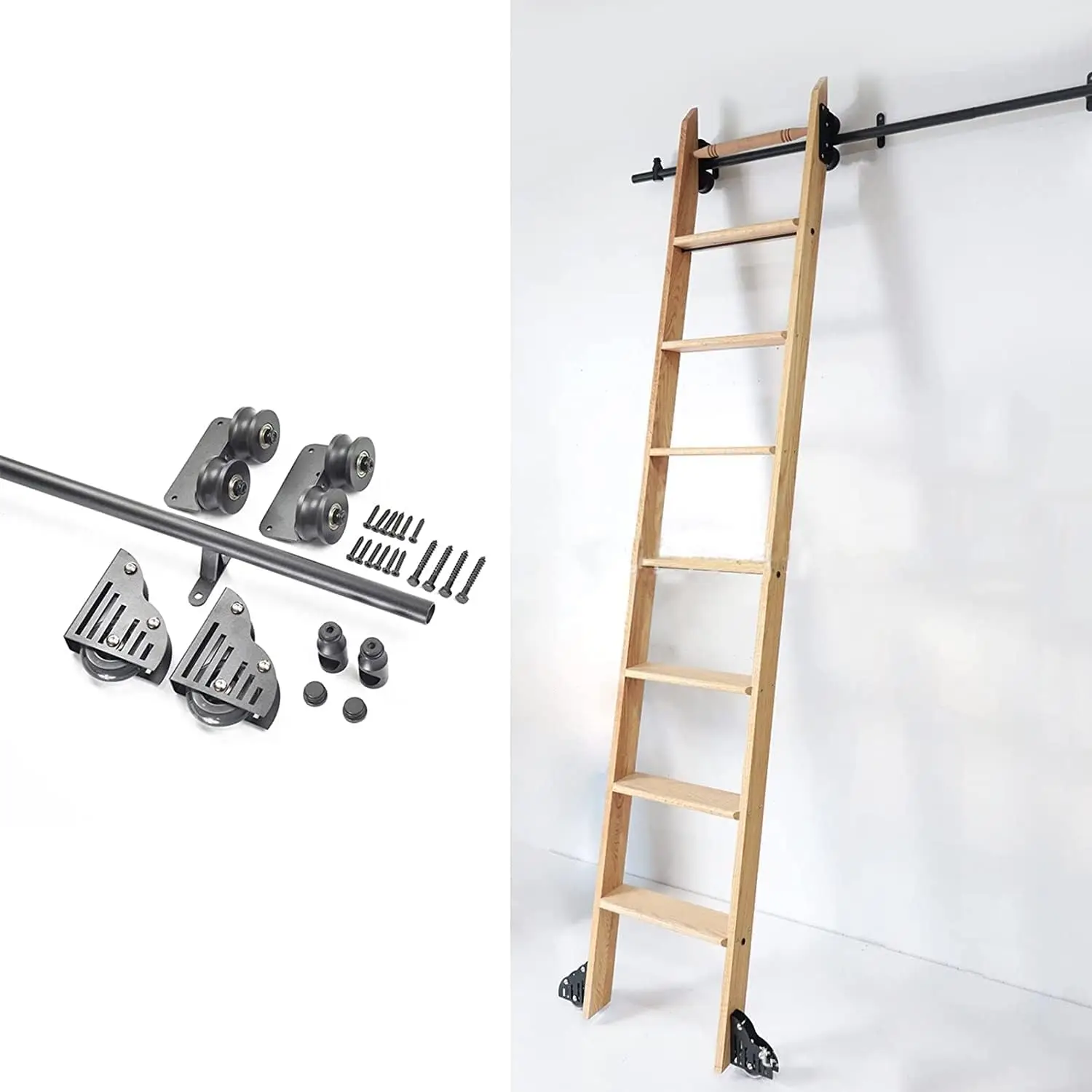 Rolling Library Slide Rail Kit, Sliding Hardware Rolling Door Kit(No Ladder) With Floor Roller Wheels Round Tube Mobile Ladder