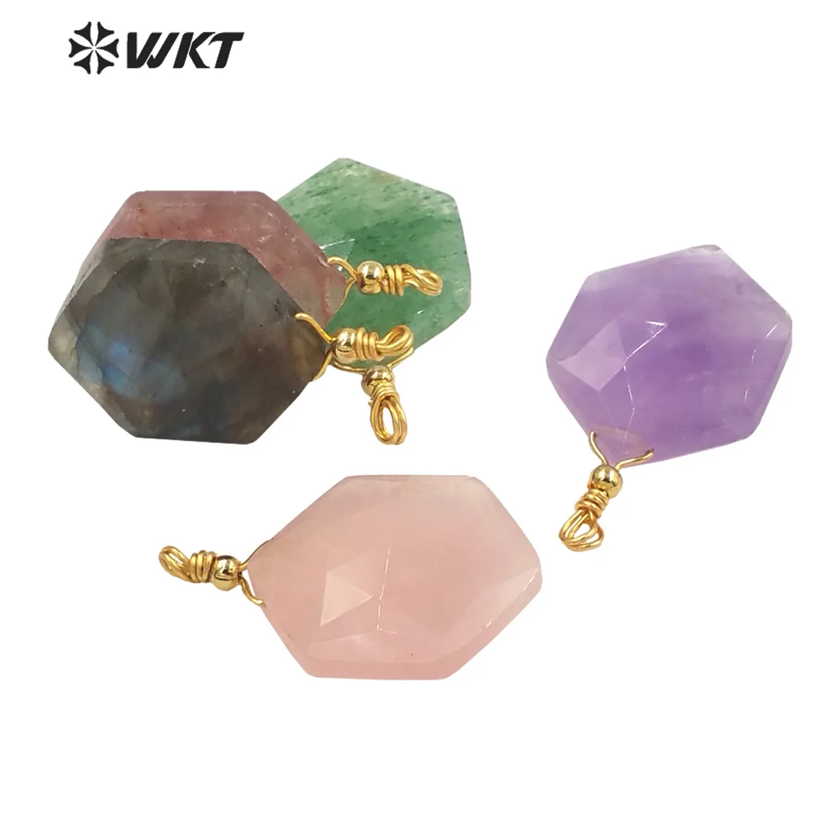 WT-P1940 Wholesale Simple Natural Hexagona Stone Pendant 20mm Wire Wrapped Amethyst Chalcedony  Women Jewelry Pendants