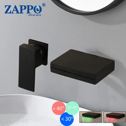 ZAPPO-grifo de montaje en pared para baño, mezclador de agua para lavabo, LED, bañera, negro mate, latón sólido, cascada