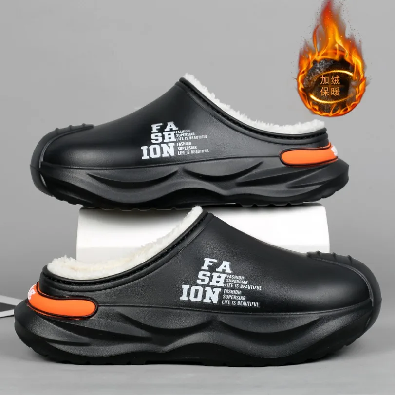 Men Winter Fleece Lined Slippers Thick Platform Closed‑Toe Non‑slip Warm Shoes for Indoor  Home Daily Cold Weather Wear