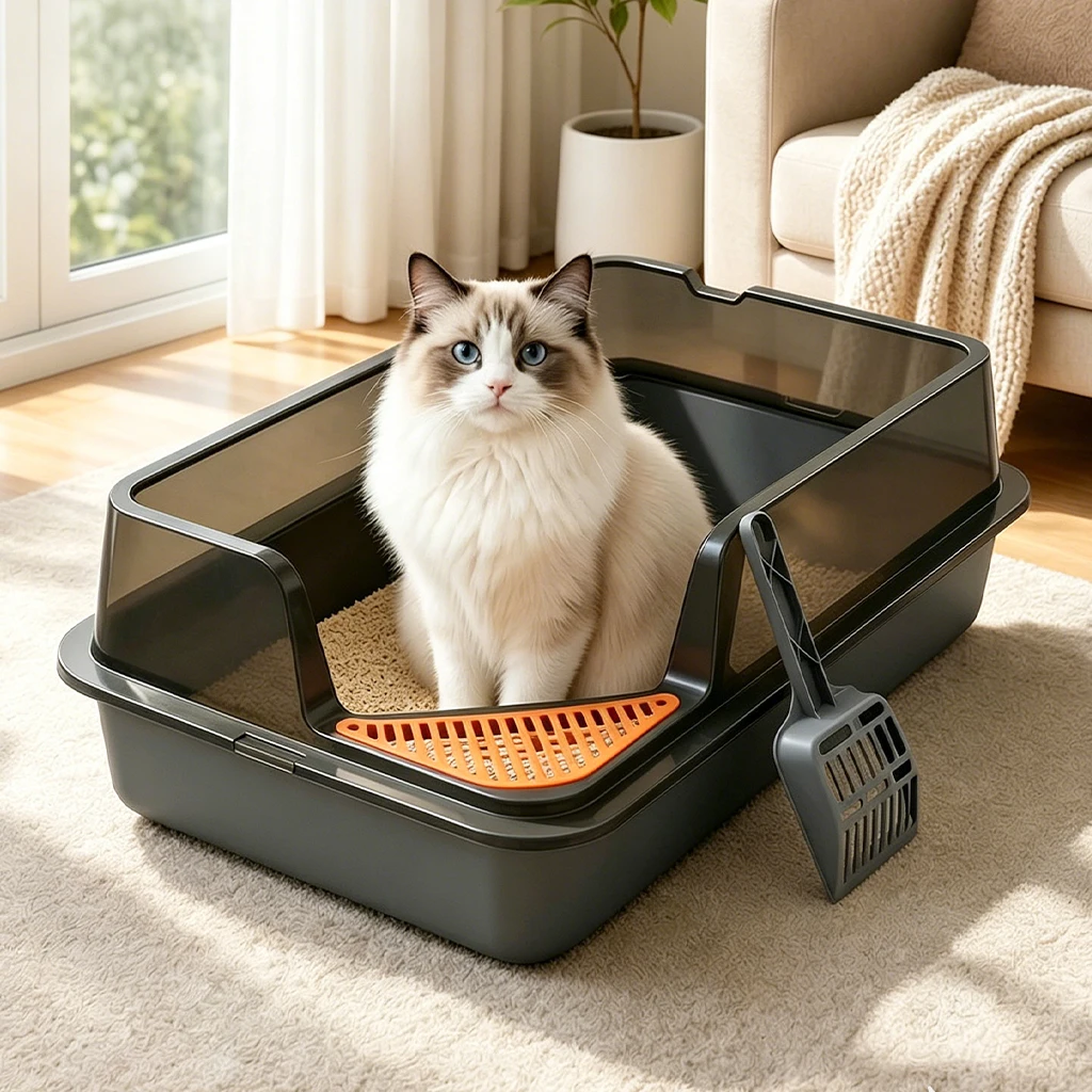 Halfgesloten grote kattenbak Anti-spat kattenbak Kitten toilet met reinigingsbak Huisdierentoilet Kittenbak Bedpan Schepje