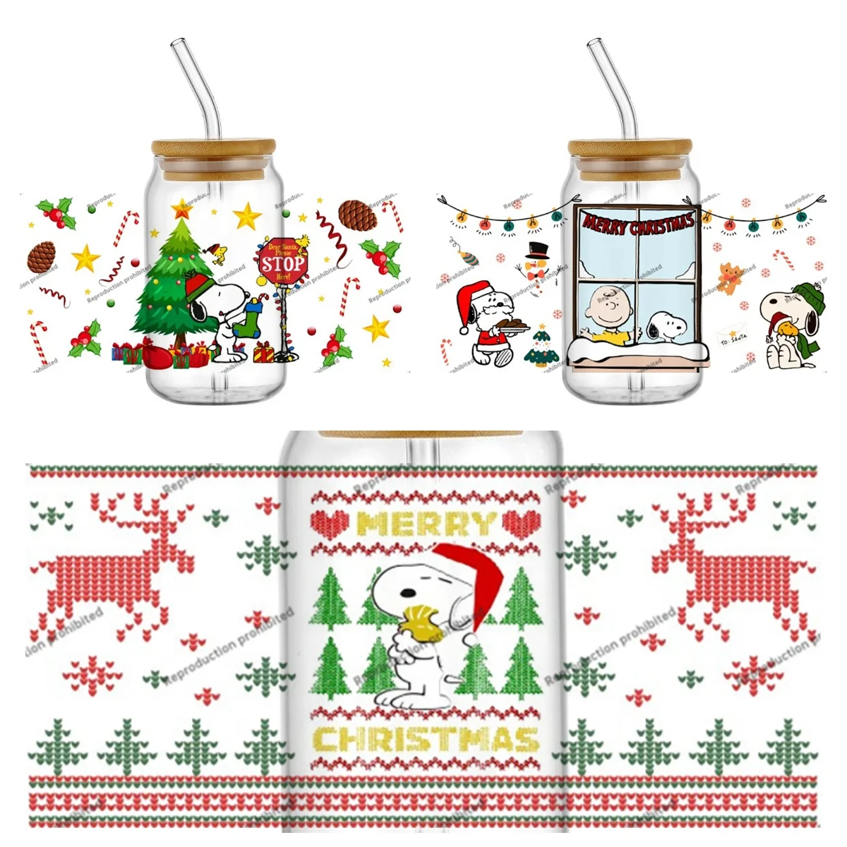 

Рождественские наклейки Snoopy Easy Peel, водостойкая кружка «сделай сам», наклейки для телефона, 3D переводы, наклейки UVDTF, 16 унций, УФ-обертывания для чашек DTF для очков Libbey