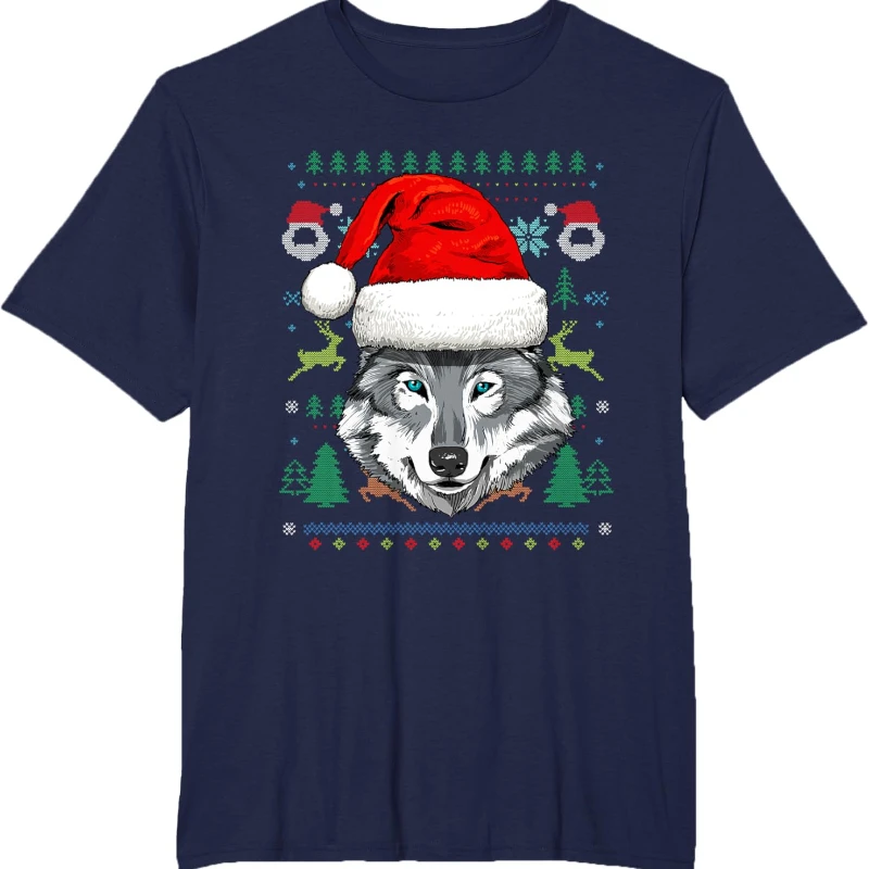 Wolf Head Christmas Wildlife Lover Forest Animal Whisperer Graphic T-Shirt Cool Trending Leisure Regular Short Sleeve Unisex
