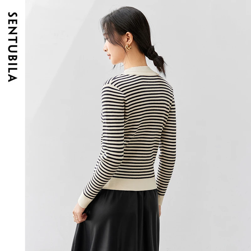 SENTUBILA Spliced Striped 2 w 1 Cardigan for Women 2024 Autumn Casual Loose Stand Neck Long Sleeve Odzież damska W43E56737