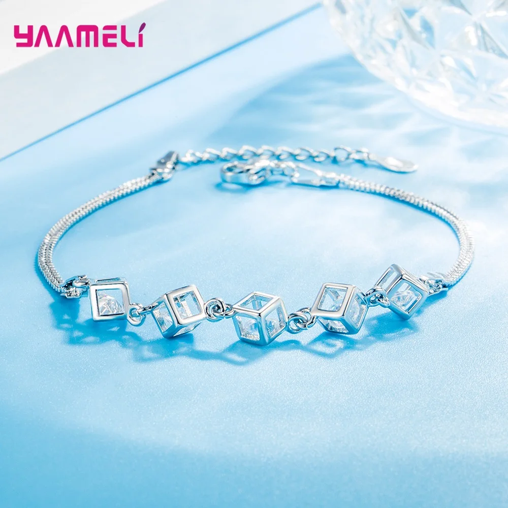 Bracciali classici in argento Sterling 925 gioielli cubo di zirconi cubici bianchi con catena di estensione per regalo di compleanno per ragazze da donna