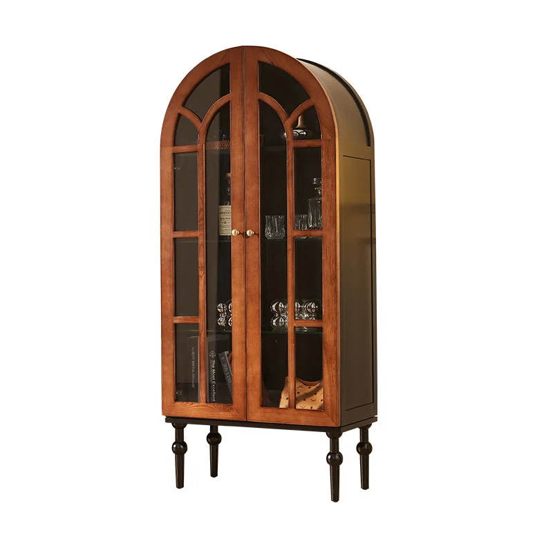 

French retro solid wood wine cabinet household living room arched integrated display cabinet high-end storage side cabinet Fosha