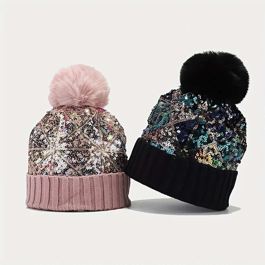 Colorful sequin knitted hat for women in autumn and winter, versatile on the streets, thickened warm fur ball, ear protection, a