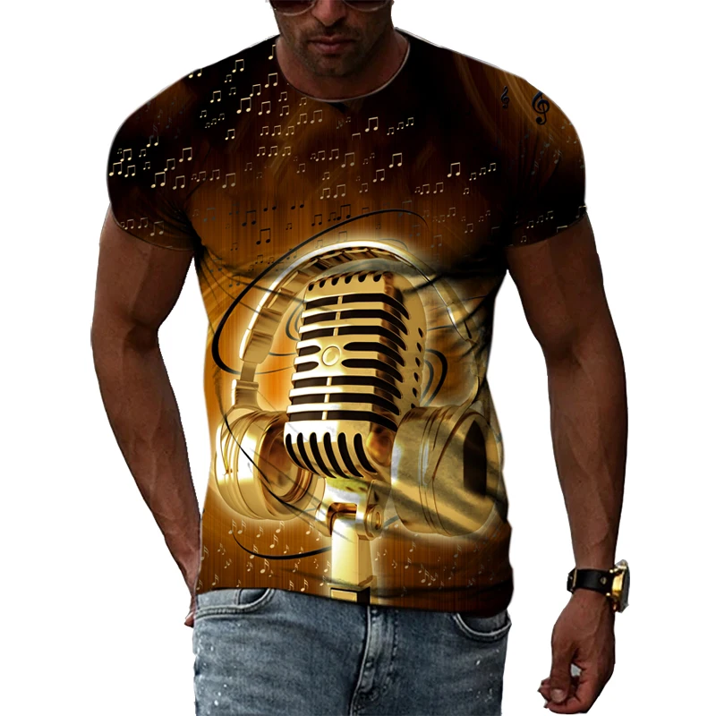 Summer Fashion Music Element Pattern T-shirt Hip-Hop Trend Microphone Printing Tops Casual Novelty Men\'s Short Sleeved Clothing