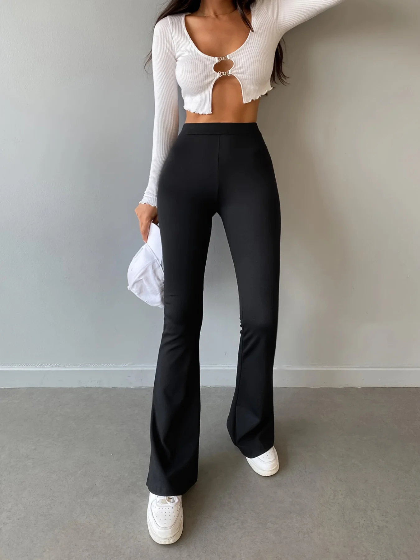 Nuovi Pantaloni Neri da Donna a Vita Alta Svasati, Elasticizzati in Quattro Direzioni, Antipiega, Design Frontale Piatto, Stile Streetwear Casual - Collezione 2026