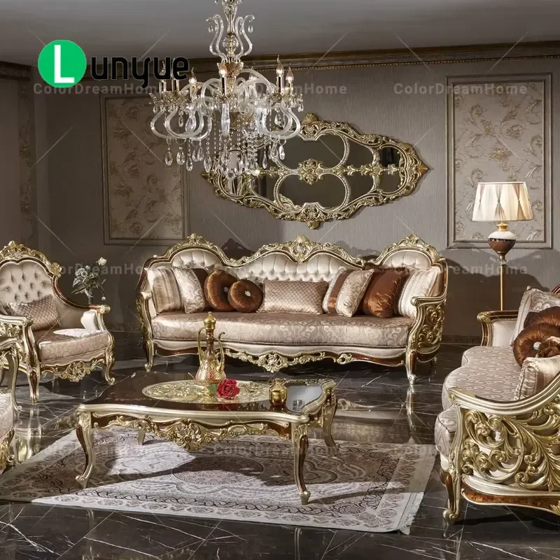 Luxury Antique Royal Hand Carved Sofa Set European Fabric Gold Living Room Furniture Villa Home Decor Elegant Comfortable
