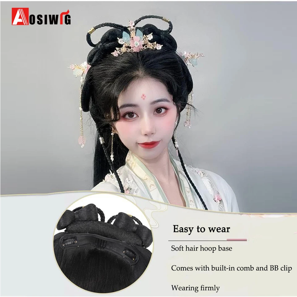 Synthetic Hanfu Ancient Style Headband Braid Integrated headband Wig Women Chinese Style Hair Piece Antique Modelling Cosplay Ha