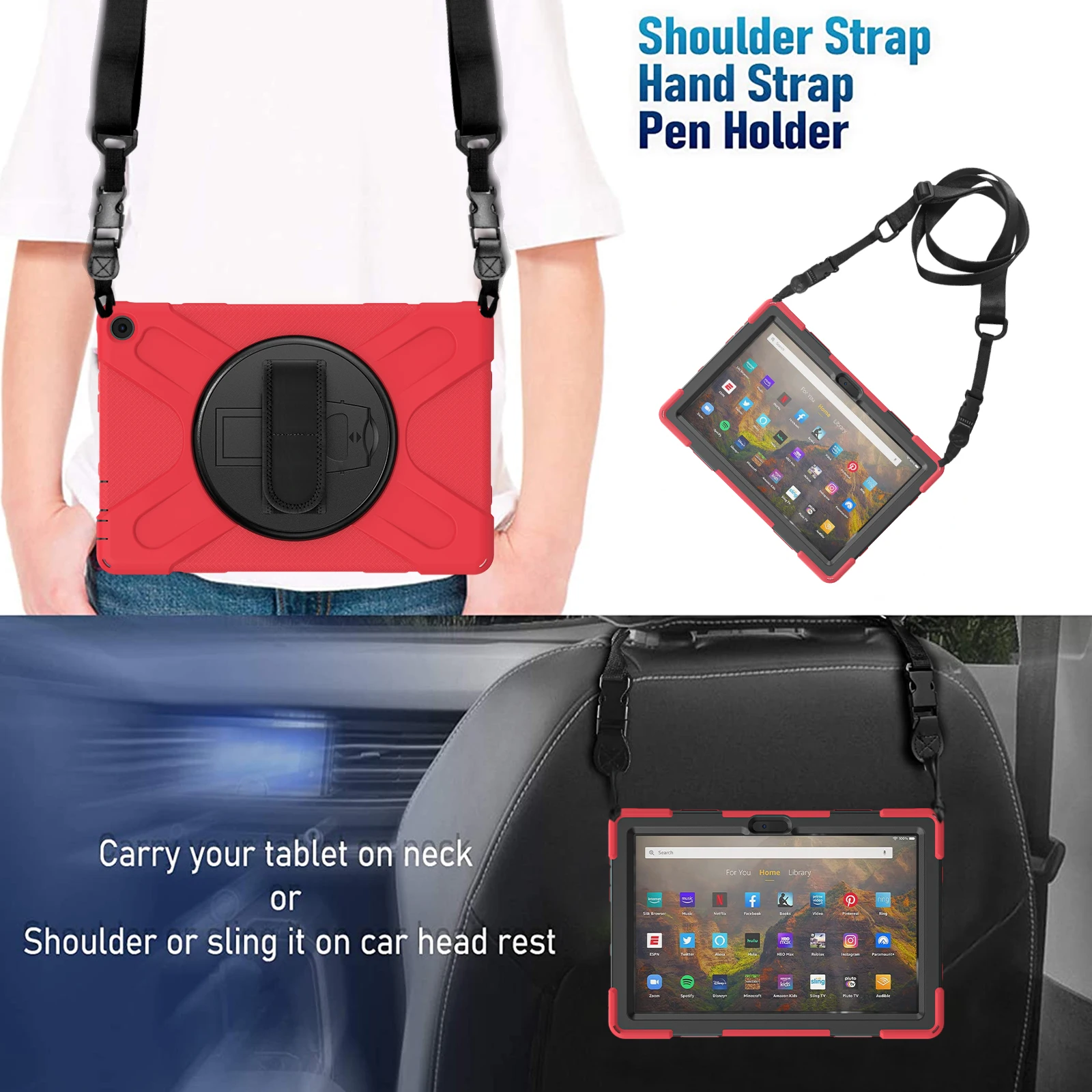 Rugged Case For Amazon Fire HD 10 Plus 2021 11th Generation 10.1 inch 360 Rotating Stand Armor Cover With Hand & Shoulder Strap view 6