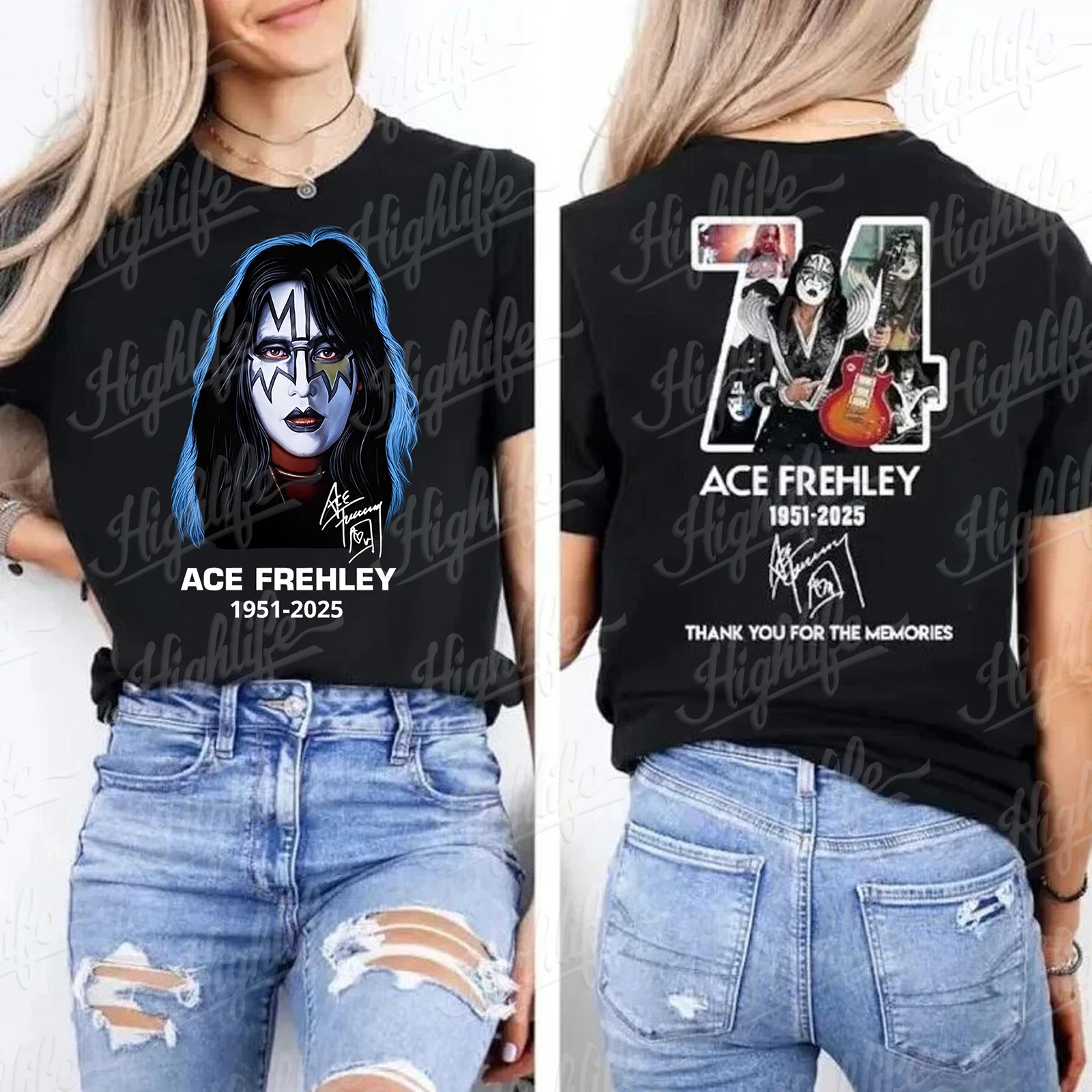 الرجال النساء جديد وصول Ace Frehley RIP 1951 2025 تي شيرت قبلة الفرقة رائد الفضاء المحملة تحية 2 الوجهين قميص شكرا لك على الذكريات