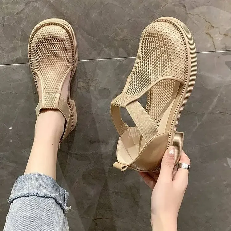 2023Closed Toe Sandals Black Shoes for Women  Summer Breathable Beige Medium Fashion New Flat Comfort Girls Outside Buckle