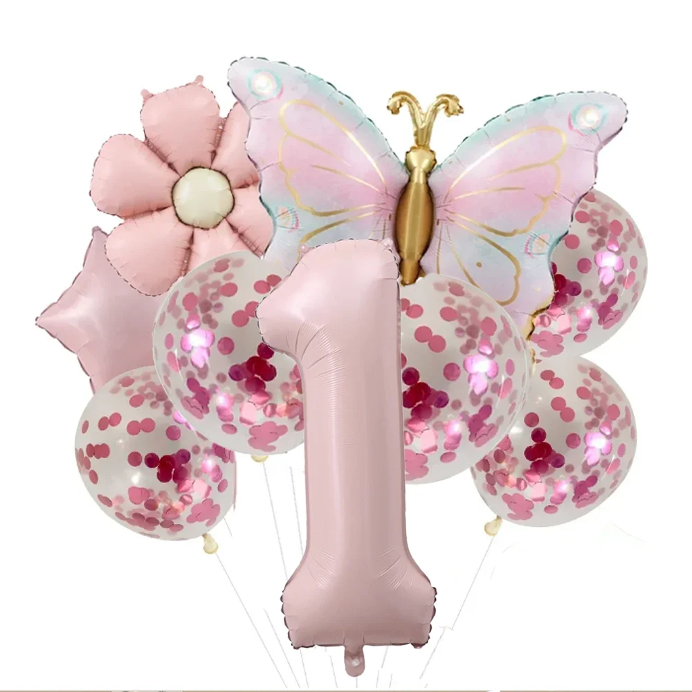 9 Stück Rosa Schmetterlingsförmige Ballons 40 Zoll Nummer 1-8 Ballon Konfetti Latexballons Partydekoration Geburtstagsgeschenk
