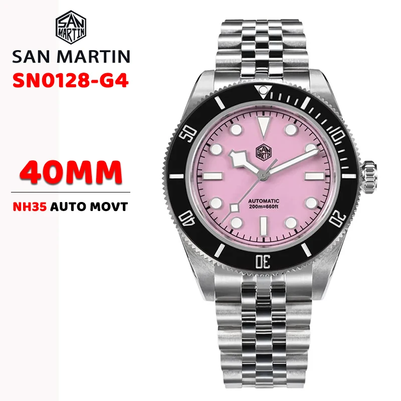 

San Martin 40mm Pink BB Diver Watch NH35 Top Brand Classic Luxury Men's Automatic Mechanical Sapphire Waterproof 200m SN0128