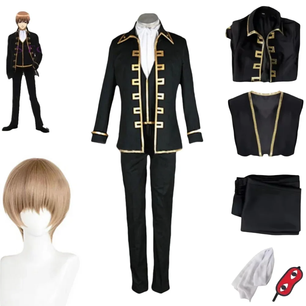 

2025Costumes de Cosplay Okita Sougo, Uniforme d'Unité de Reconnaissance Gintama Anime, Noir Imbibé de Hmatte