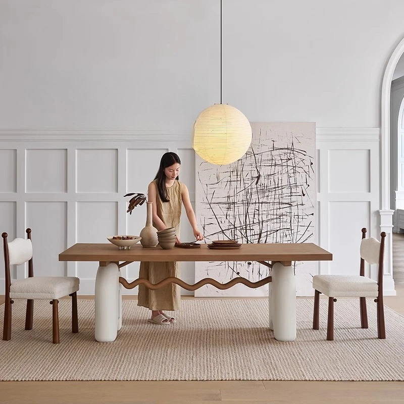 

Dining table original design French cream style retro solid wood dining table and chair combination log color medium and antique