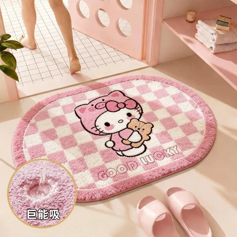 Cute Print Hello Kitty Hug Bear Oval Bath Mat Pink Check Non‑Slip Absorbent Indoor Household Floor Rug
